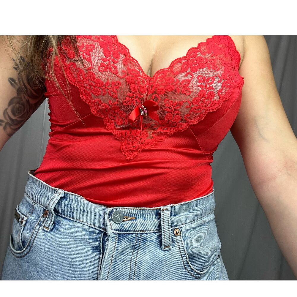 Vintage Red Lace Camisole Tank Top | Made in USA | Y2K Lingerie Style | Size M